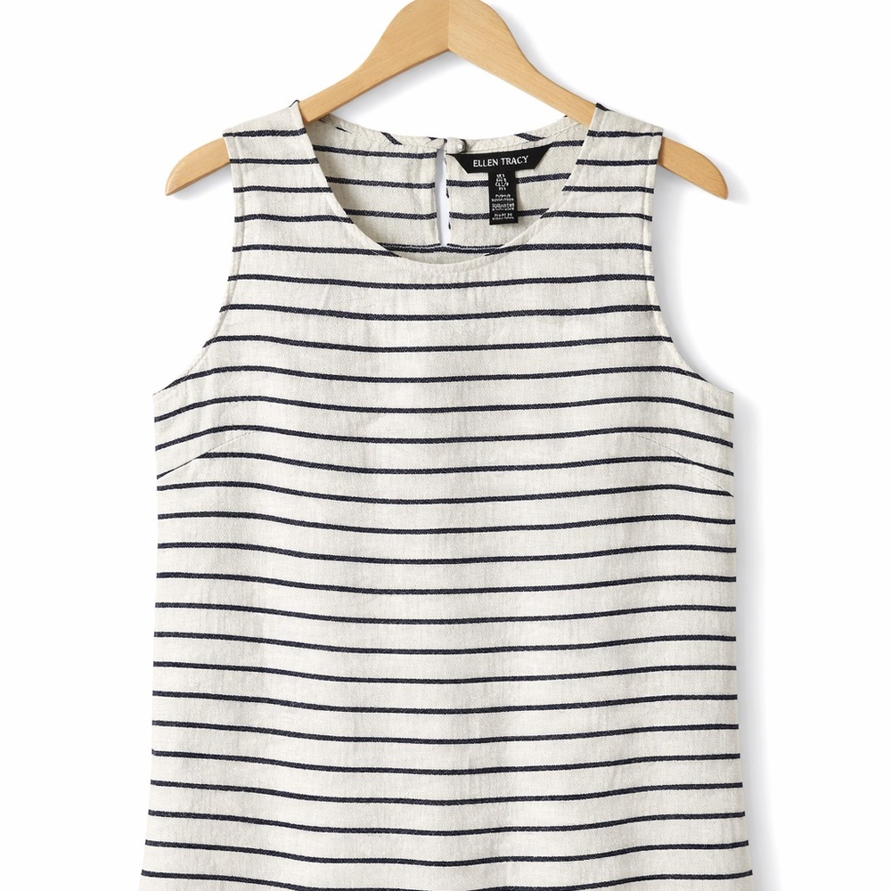 Ellen Tracy Navy and White Striped Sleeveless 100% Linen Tank Tank
